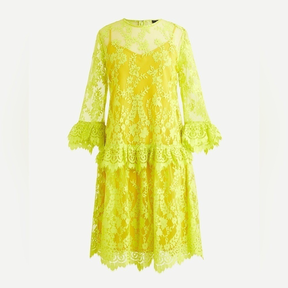 J.Crew -Three-quarter-sleeve dress chantilly lace -Sz 4 (Runs Big) -Neon Yellow